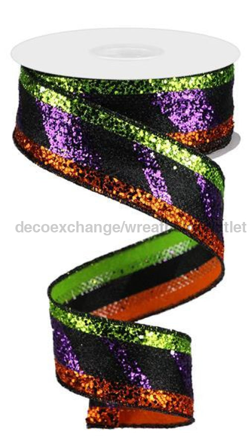 1.5"X10Yd 3-In-1 Diagonal Glitter Stripe Purple/Orange/Lime RG89519K