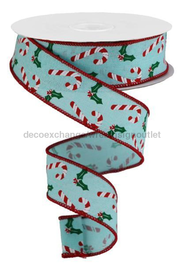1.5"X10Yd Candy Canes/Holly On Royal Ice Blue/Wht/Red/Emerald RGB1143RM