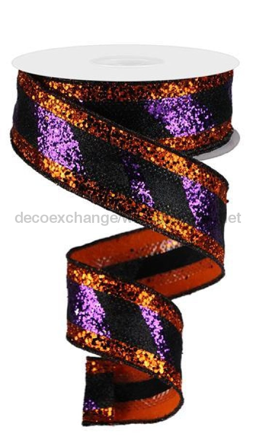 1.5"X10Yd 3-In-1 Diagonal Glitter Stripe Purple/Black/Orange RG8951GE