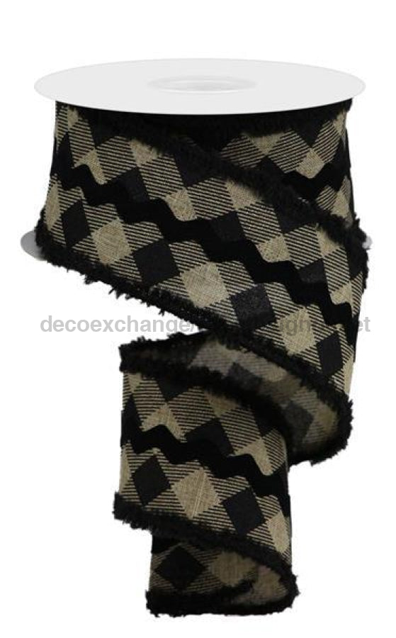 2.5"X10Yd Diagonal Check/Velvet Ricrac Beige/Black RG206901