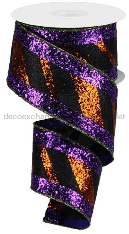 2.5"X10Yd 3-In-1 Diagonal Glitter Stripe Black/Orange/Purple RG8952YR