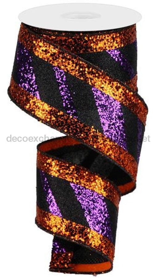 2.5"X10Yd 3-In-1 Diagonal Glitter Stripe Purple/Black/Orange RG8952GE