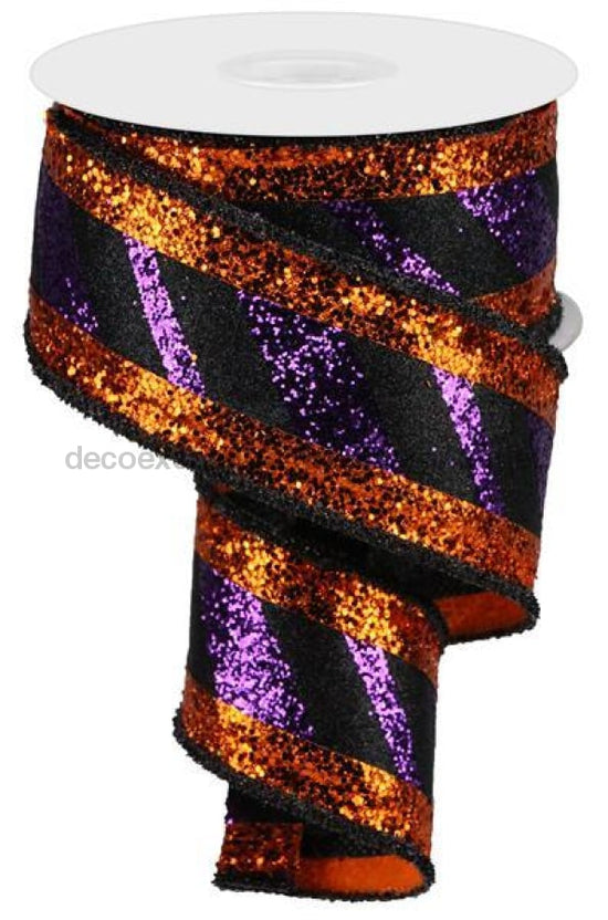 2.5"X10Yd 3-In-1 Diagonal Glitter Stripe Purple/Black/Orange RG8966GE