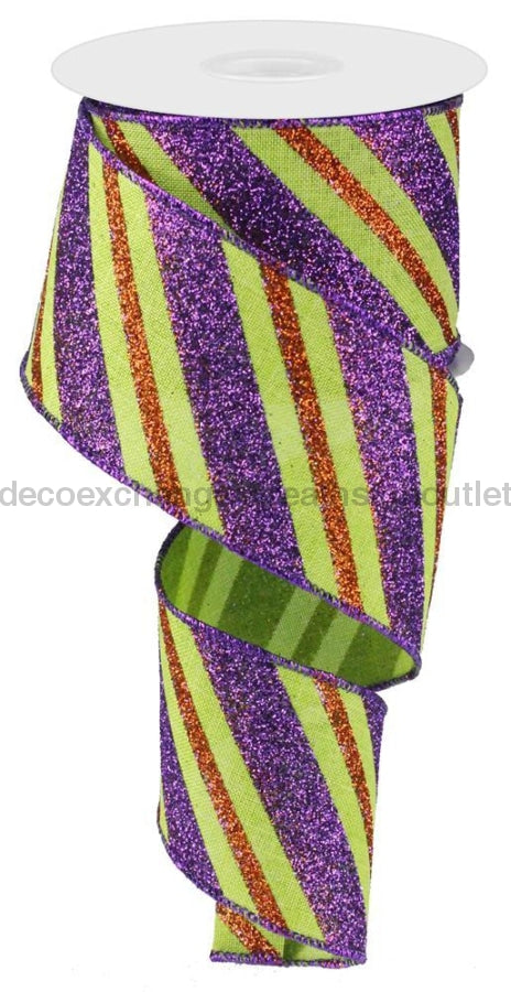 2.5"X10Yd Diagonal Glitter Stripe/Royal Lime/Purple/Orange RG017669K