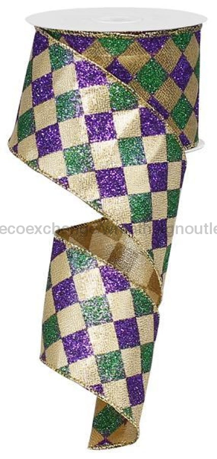 2.5"X10Yd Glitter Diamond Check Mardi Gras RG1930WY