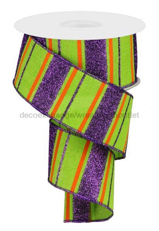 2.5"X10Yd Glitter Stripes On Royal Lime/Dk Purple/Orange RGA1199A1