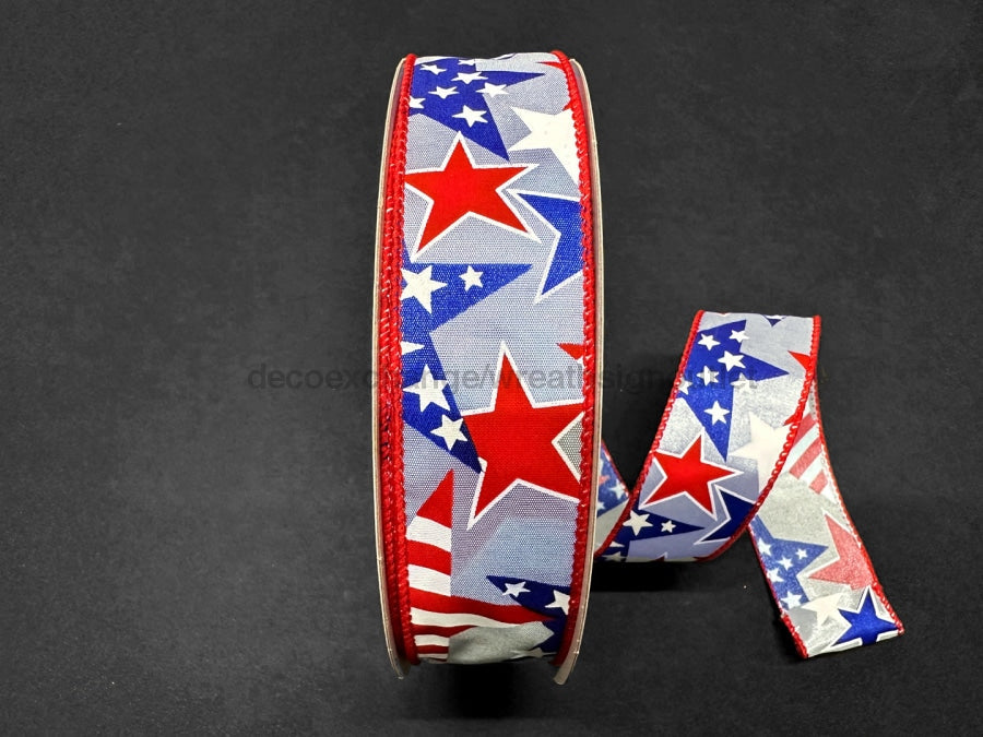 Light Blue Satin With Striped Red, White, And Blue Stars Ribbon, 1.5 Inches X 50 Yards 841-09-406