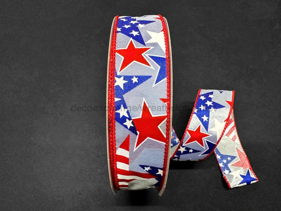 Light Blue Satin With Striped Red, White, And Blue Stars Ribbon, 1.5 Inches X 50 Yards 841-09-406