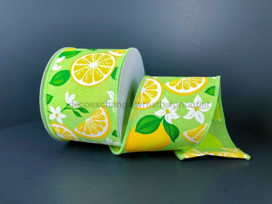 Lime Linen With Lemons And Flowers Ribbon, 2.5 Inches X 10 Yards 41237-40-09