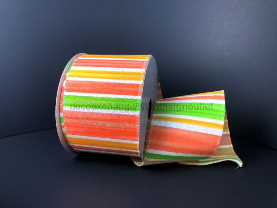 Lime, Orange, And Coral Ombre Stripes With Iridescent Lines Ribbon, 2.5 Inches X 10 Yards 41126-40-46