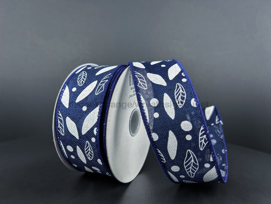 Navy Linen With White Leaves And Dots Ribbon, 1.5 Inches X 10 Yards 42427-09-27