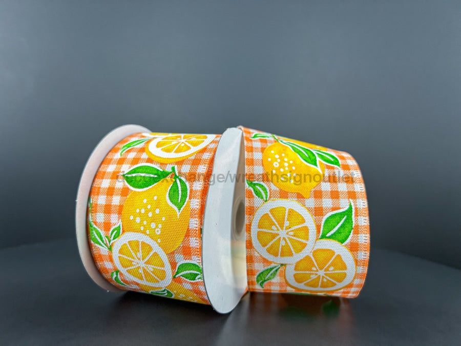 Orange And White Gingham Linen With Lemons Ribbon, 2.5 Inches X 10 Yards 46408-40-19