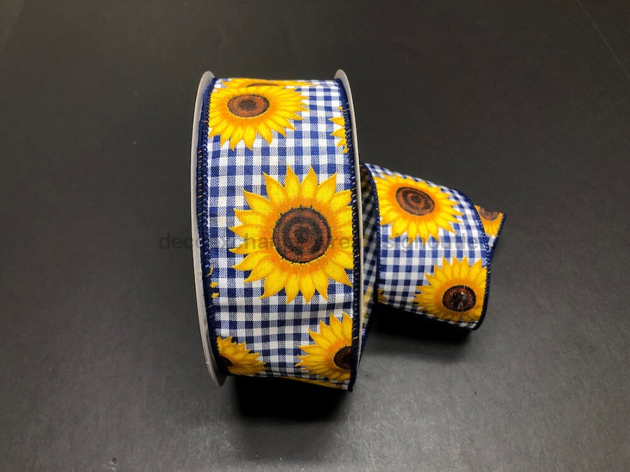 Royal Blue And White Gingham With Sunflowers Ribbon, 2.5 Inches X 50 Yards 841-40-314