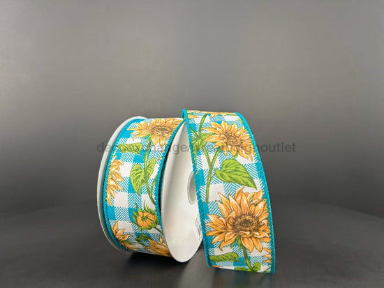 Teal And White Checkered Satin With Wild Sunflowers Ribbon, 1.5 Inches X 10 Yards 42445-09-33