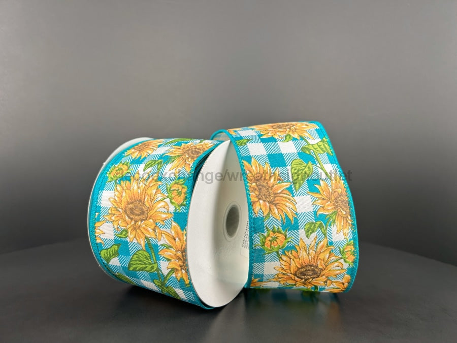Teal And White Checkered Satin With Wild Sunflowers Ribbon, 2.5 Inches X 10 Yards 42445-40-33