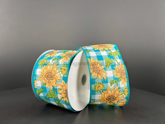 Teal And White Checkered Satin With Wild Sunflowers Ribbon, 2.5 Inches X 10 Yards 42445-40-33