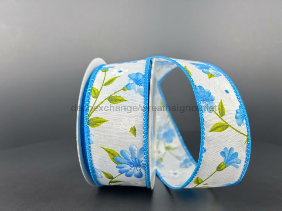 White Satin With Blue And White Fluttering Flowers Ribbon, 1.5 Inches X 10 Yards 42406-09-45
