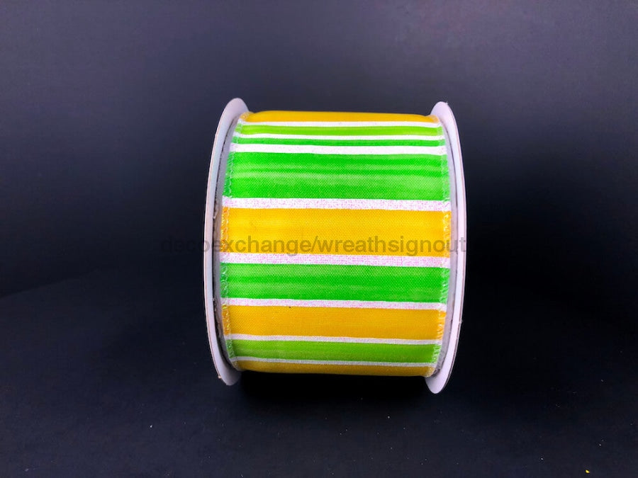 Yellow, Lime, And White Ombre Stripes With Iridescent Lines Ribbon, 2.5 Inches X 10 Yards 41126-40-29