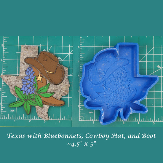 Texas with bluebonnets, hat, and boot - Silicone Freshie Mold